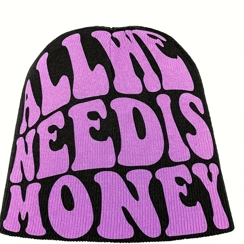 ALL WE NEED IS MONEY Beanie Letter Jacquard Hip Hop Knit Hat Unisex Y2K Skull Cap Warm Elastic Beanies Cap for Women & Men