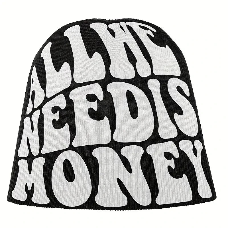 ALL WE NEED IS MONEY Beanie Letter Jacquard Hip Hop Knit Hat Unisex Y2K Skull Cap Warm Elastic Beanies Cap for Women & Men