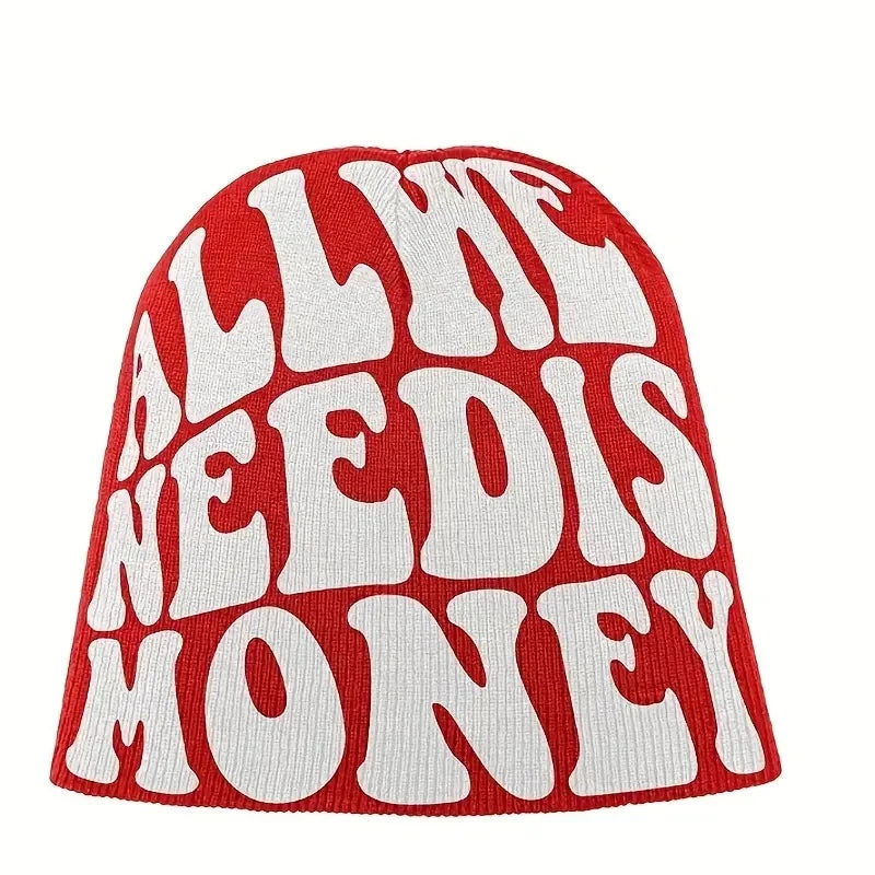 ALL WE NEED IS MONEY Beanie Letter Jacquard Hip Hop Knit Hat Unisex Y2K Skull Cap Warm Elastic Beanies Cap for Women & Men