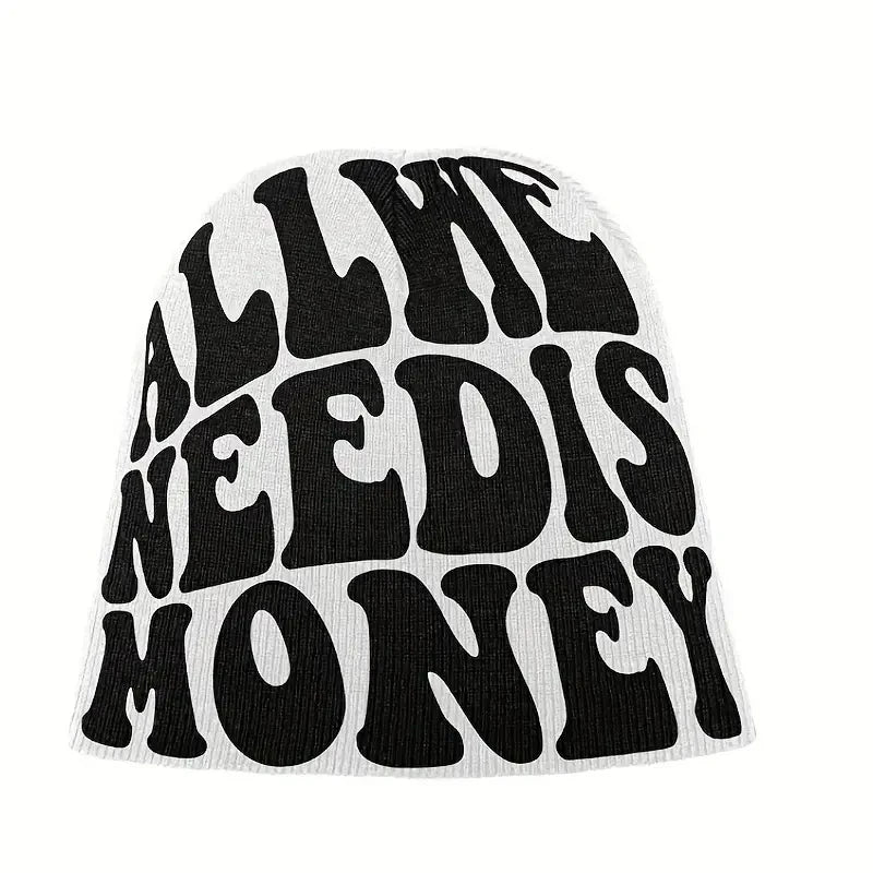 ALL WE NEED IS MONEY Beanie Letter Jacquard Hip Hop Knit Hat Unisex Y2K Skull Cap Warm Elastic Beanies Cap for Women & Men